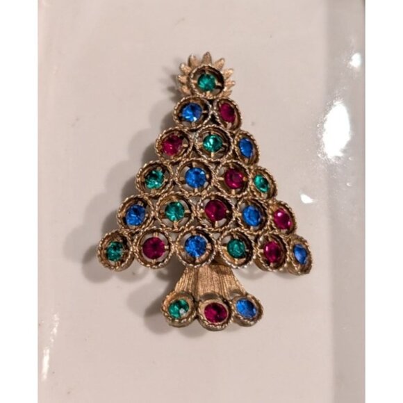 unmarked Jewelry - Vintage Rhinestone Christmas Tree Brooch Pin Colorful Gems Lapel
